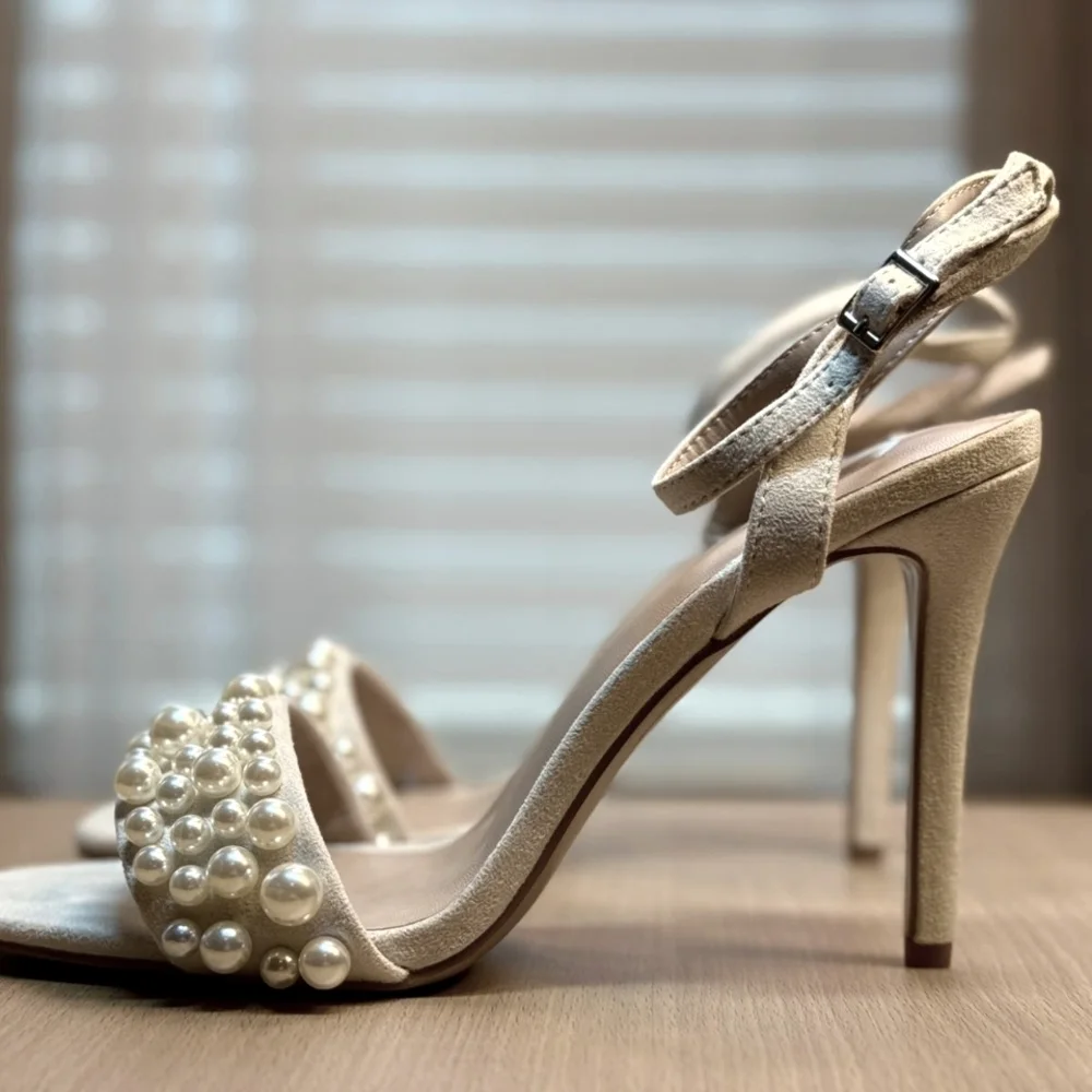 Journee Collection Nude Cream Beige Microsuede Pearl Heel Sandals SZ 9.5 M
